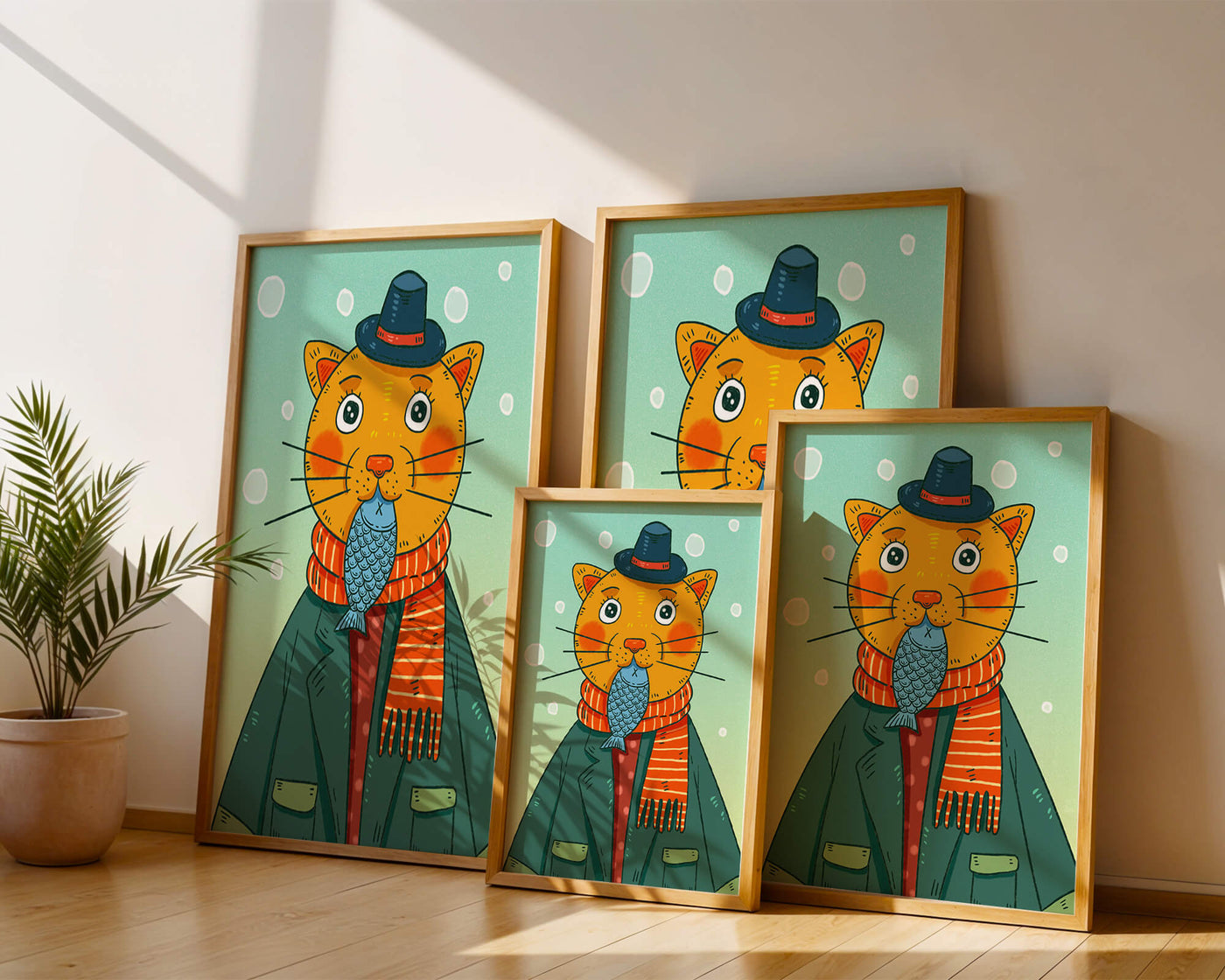 Whimsical cat dressed in colorful winter attire