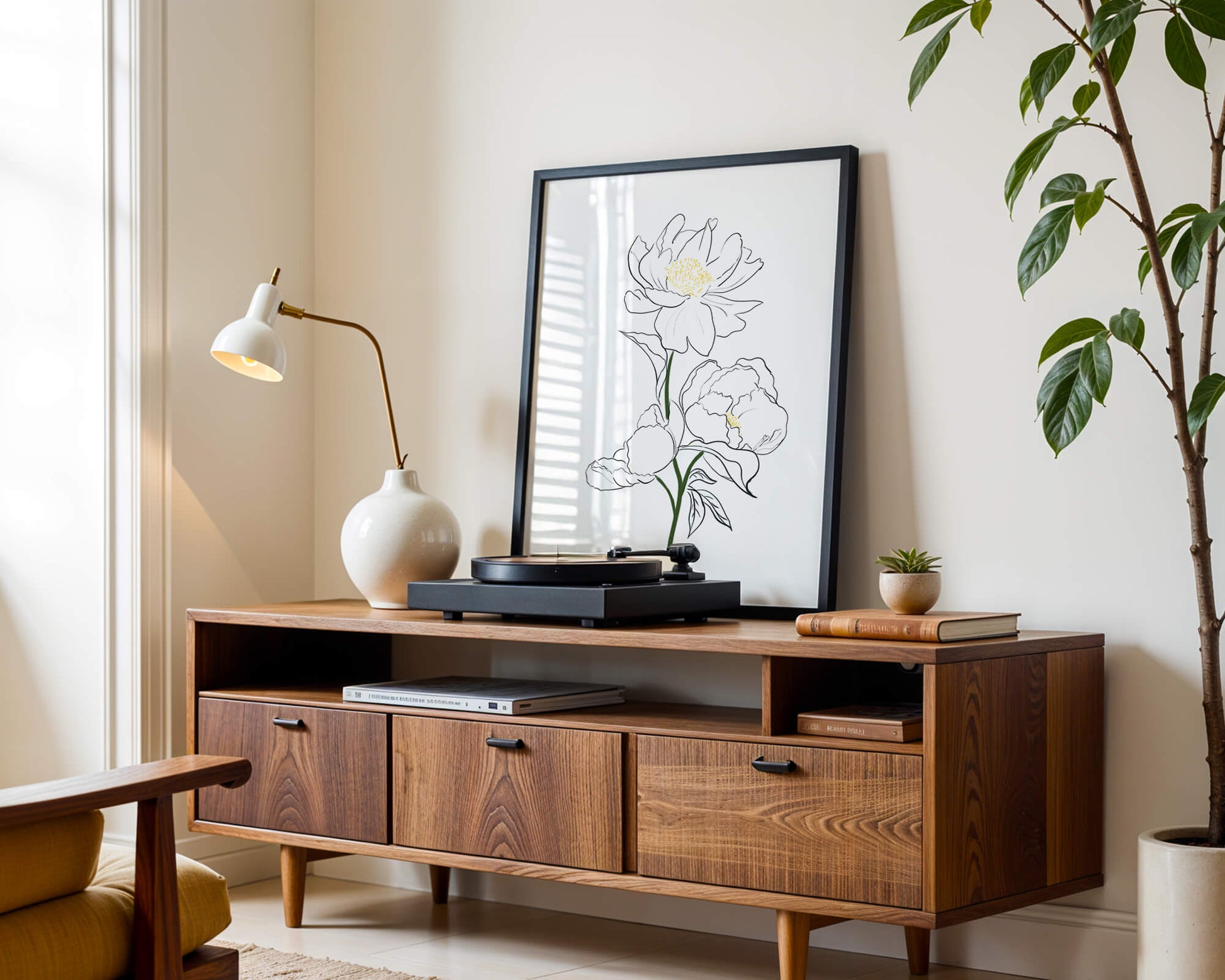Elegante Pfingstrosen-Linienkunst mit goldenen Akzenten