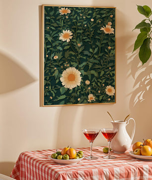 Floral pattern with daisies on a dark green background