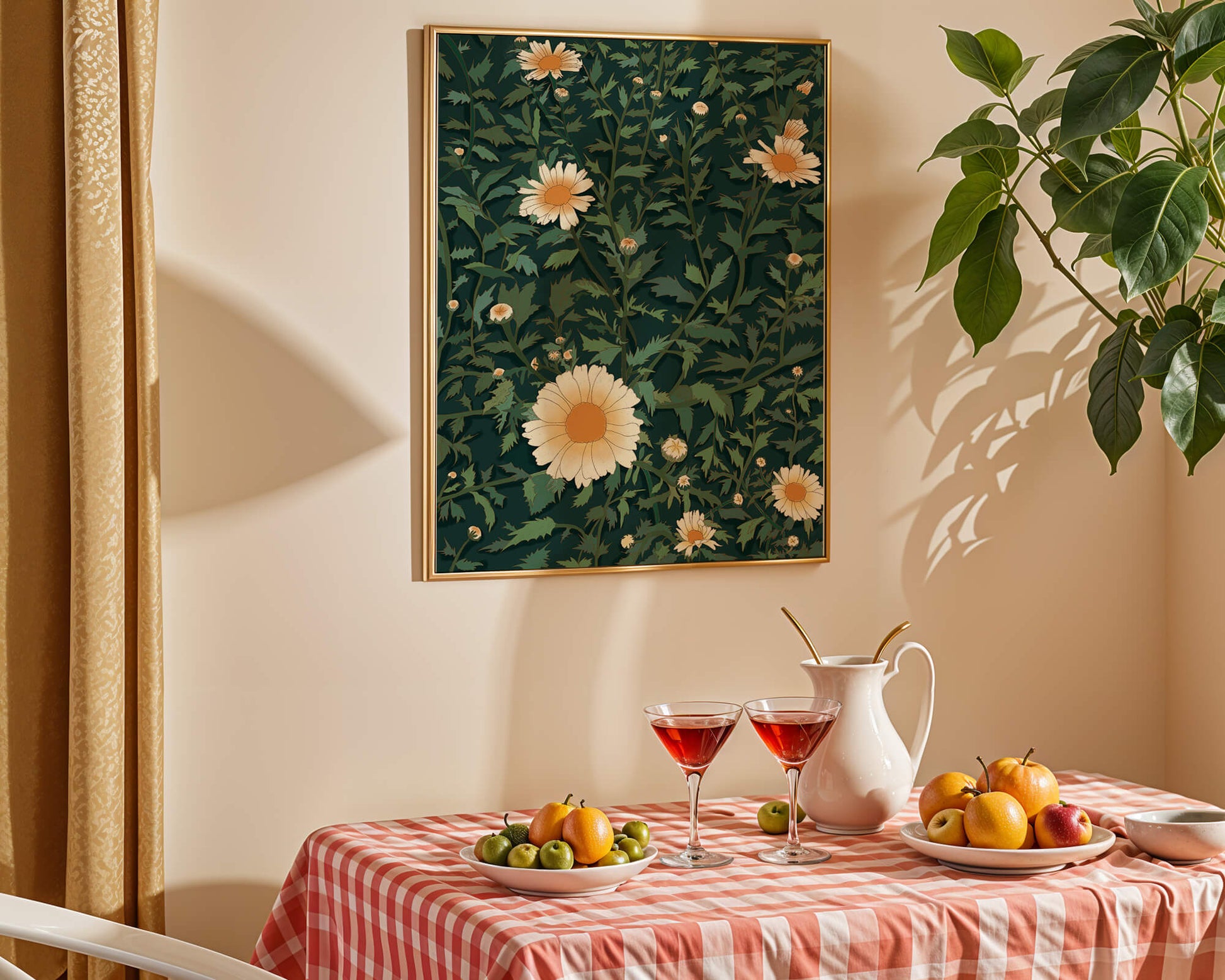 Floral pattern with daisies on a dark green background