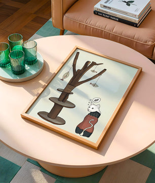 Illustration of a cat tree with a thoughtful cat in a sweater