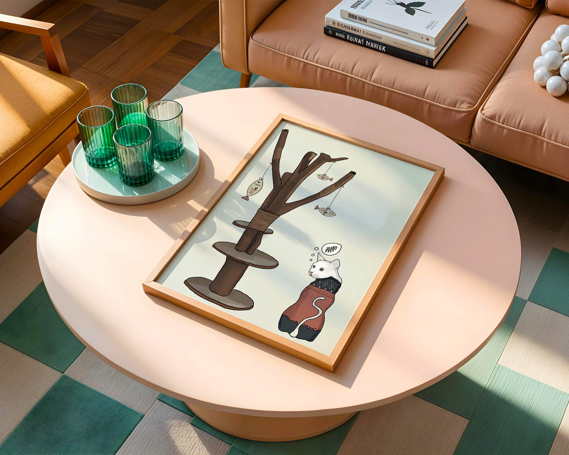Illustration of a cat tree with a thoughtful cat in a sweater