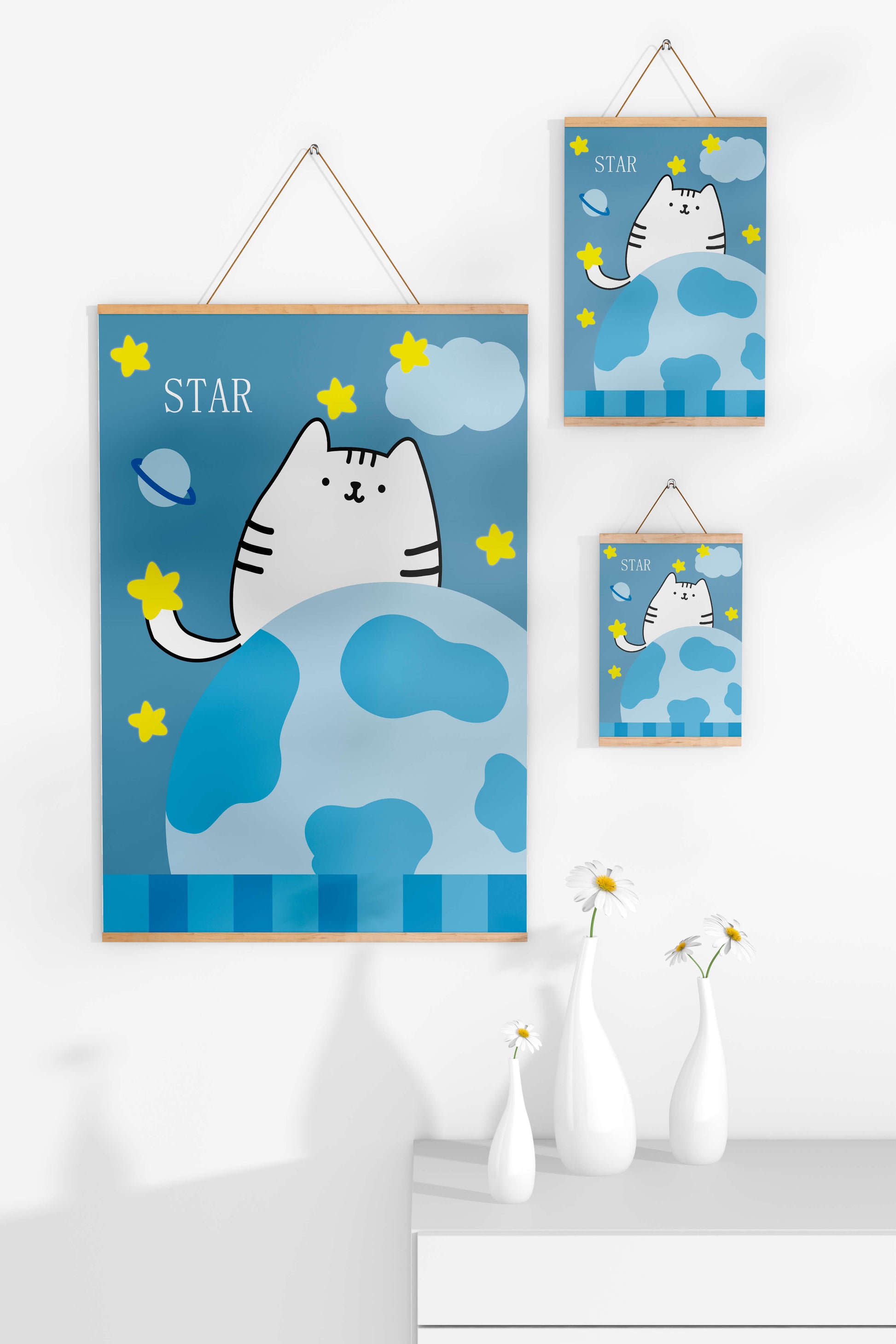 Illustration of a cute cat in space with stars and planets