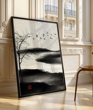 Minimalist Landscape with Silhouetted Tree and Birds