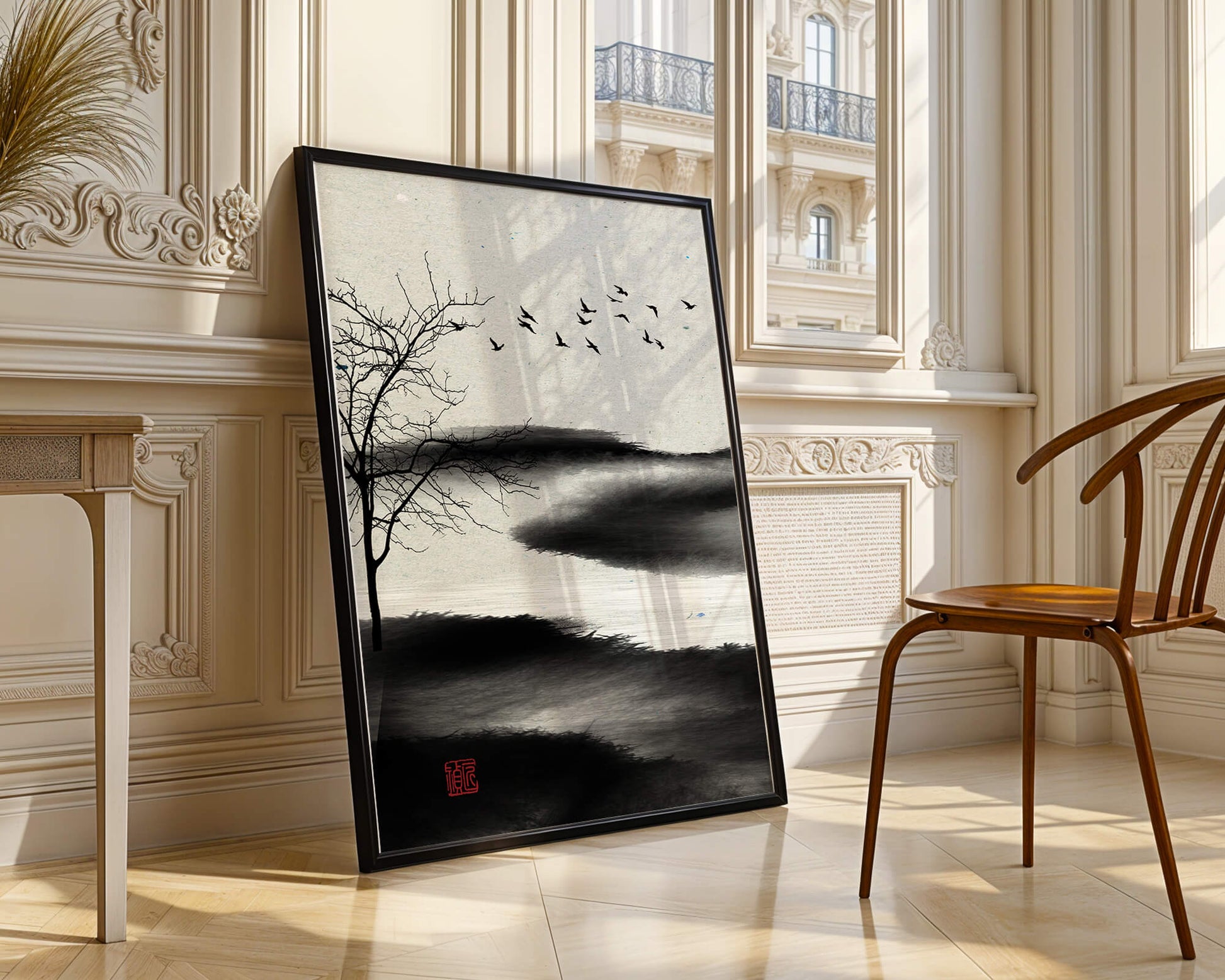 Paisaje minimalista con siluetas de árboles y pájaros