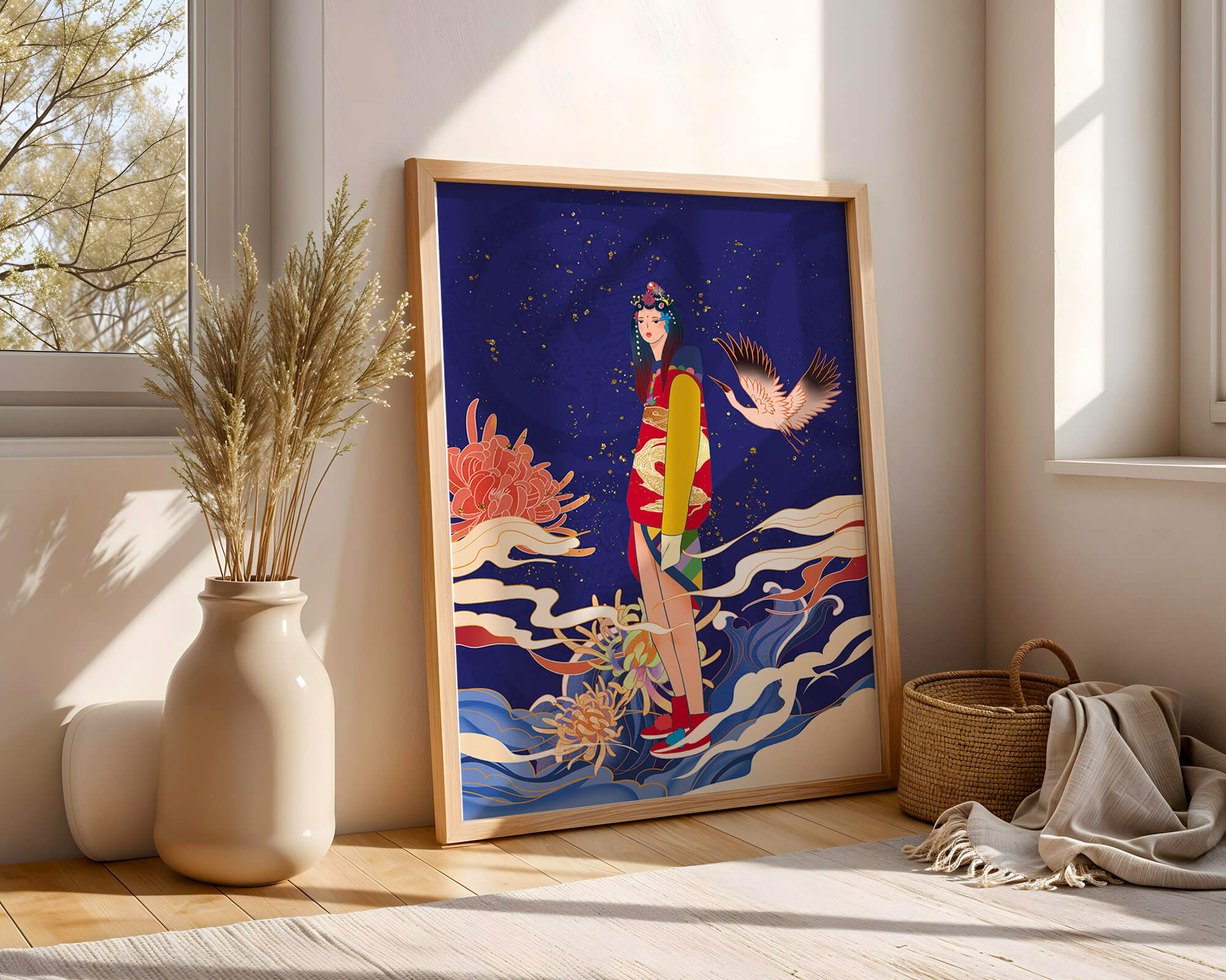 Elegant fusion of traditional and modern art with floral and avian elements