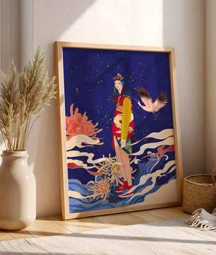 Fusion élégante d’art traditionnel et moderne avec des éléments floraux et aviaires