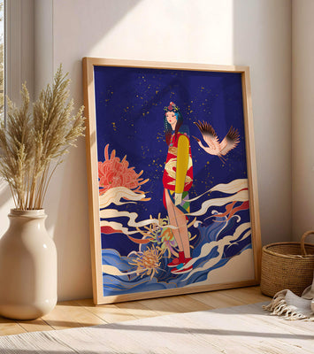 Elegant fusion of traditional and modern art with floral and avian elements
