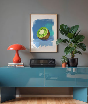Illustration of a kiwi with a textured blue background