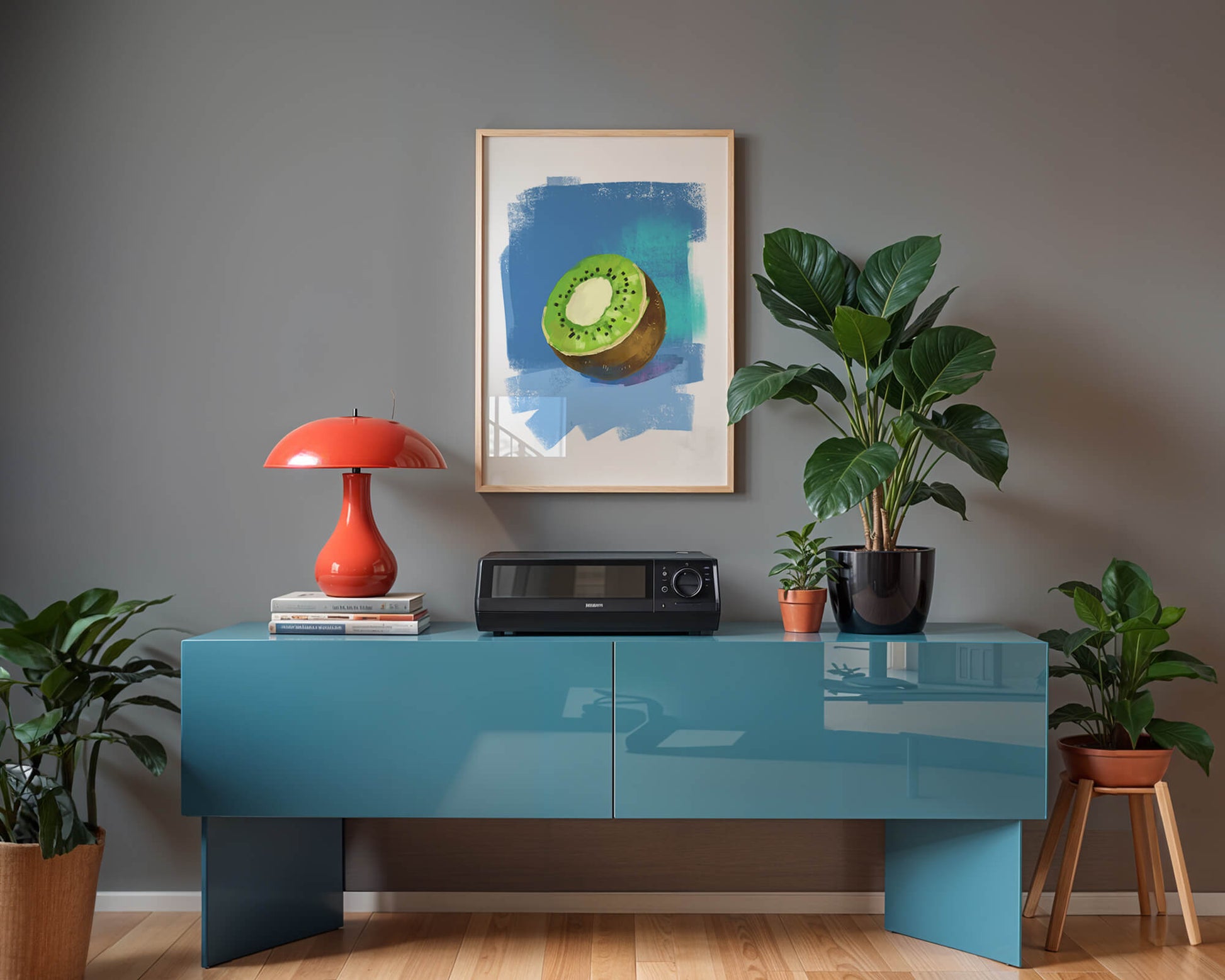Illustration of a kiwi with a textured blue background