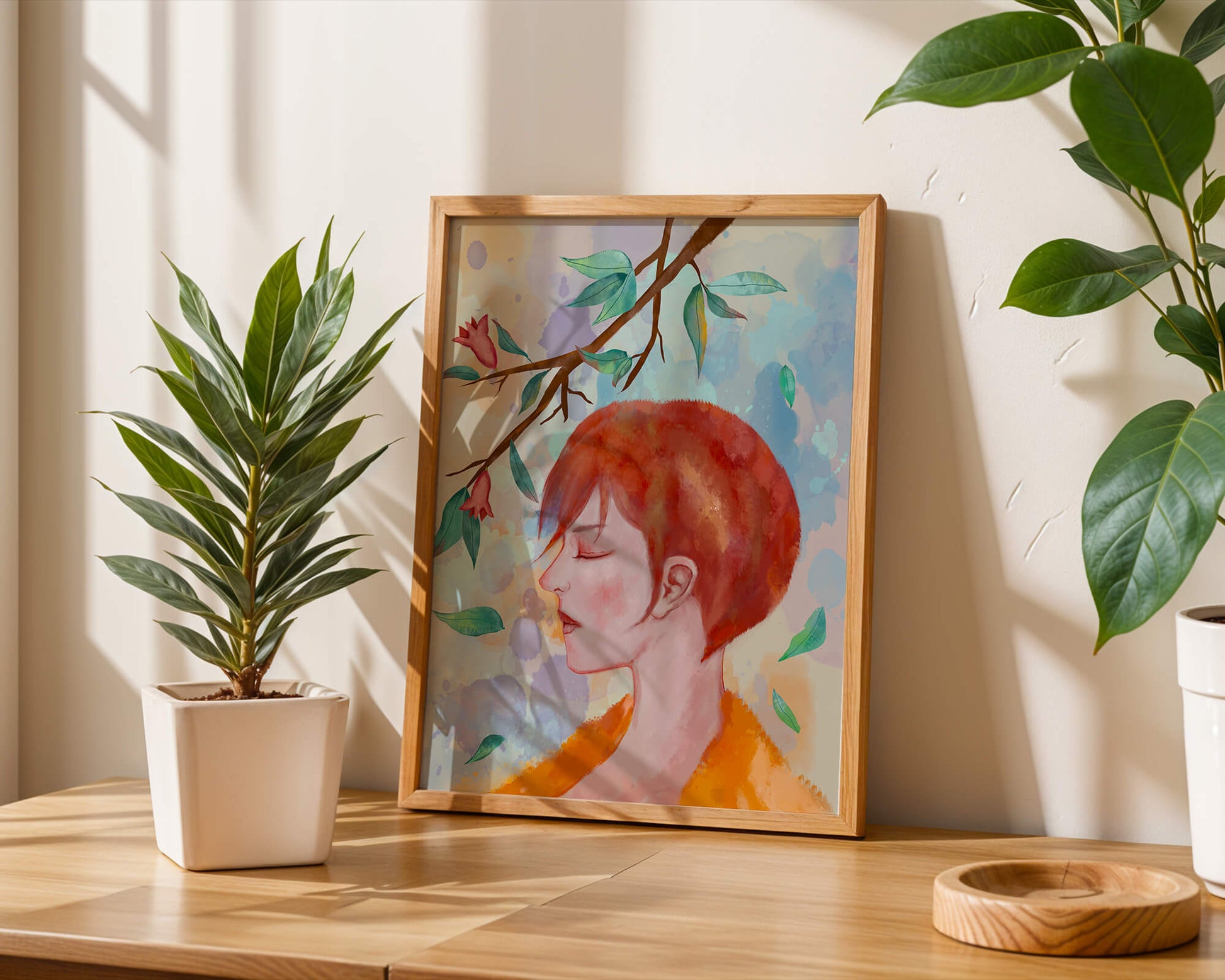 Illustrative artwork of a woman with red hair and floral branch