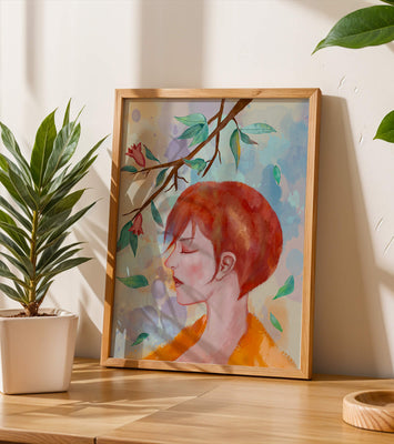 Illustrative artwork of a woman with red hair and floral branch