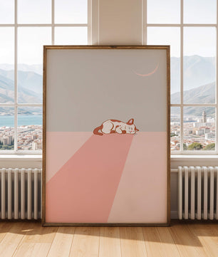 Schlafende Katze in minimalistischer Mondlichtszene