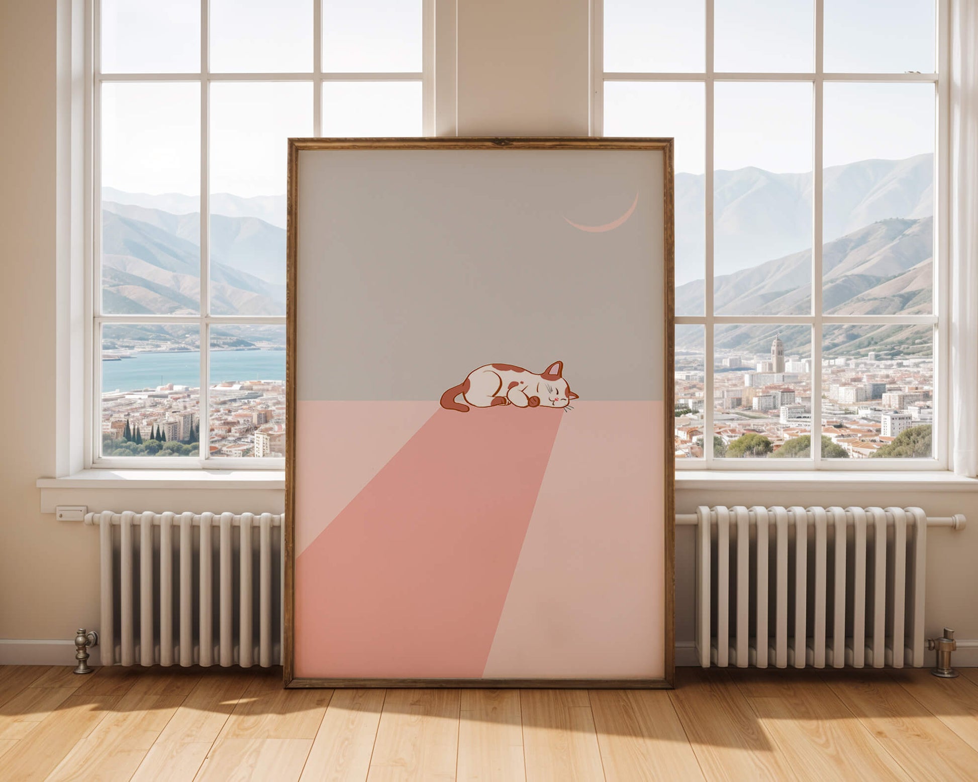 Sleeping Cat in Minimalistic Moonlit Scene