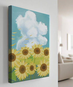 Sonnenblumen in einer hellen Wiese mit blauem Himmel und Wolken