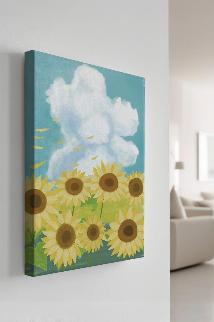 Girasoles en un prado brillante con cielo azul y nubes