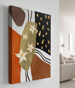 Abstract floral artwork with gold accents and earthy tones
