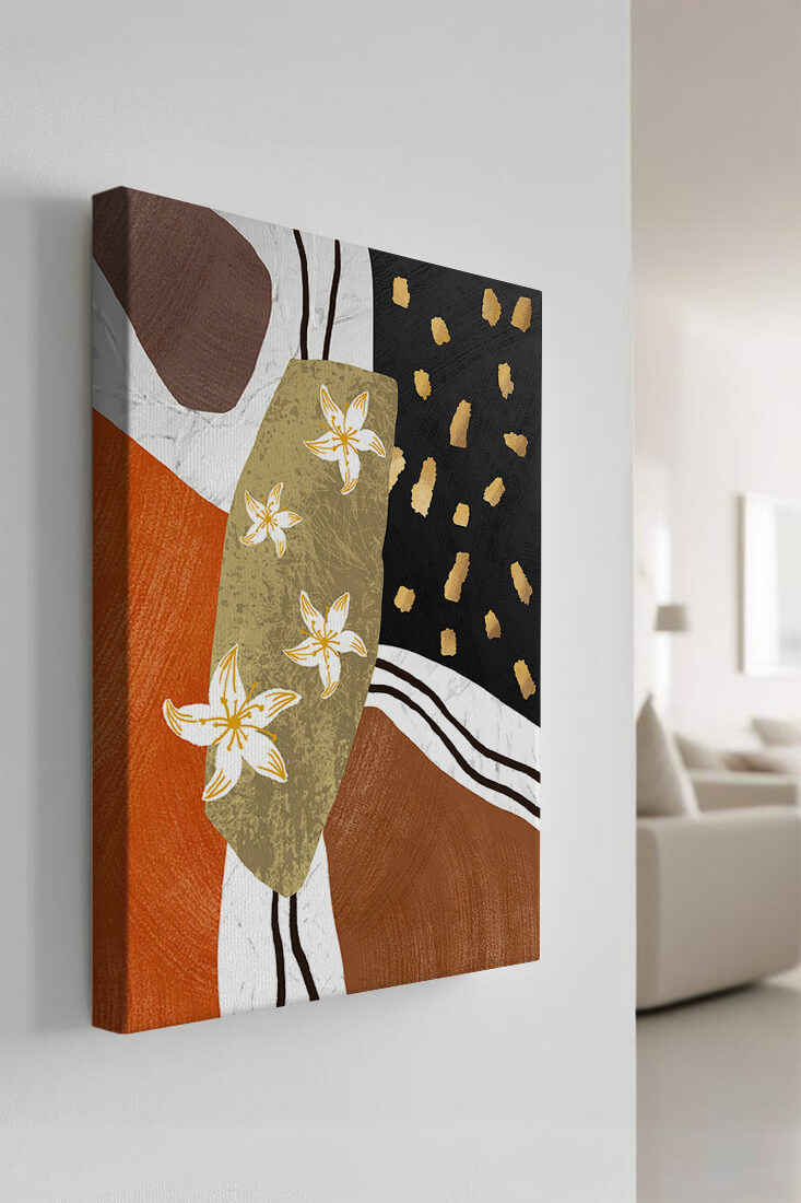 Abstract floral artwork with gold accents and earthy tones