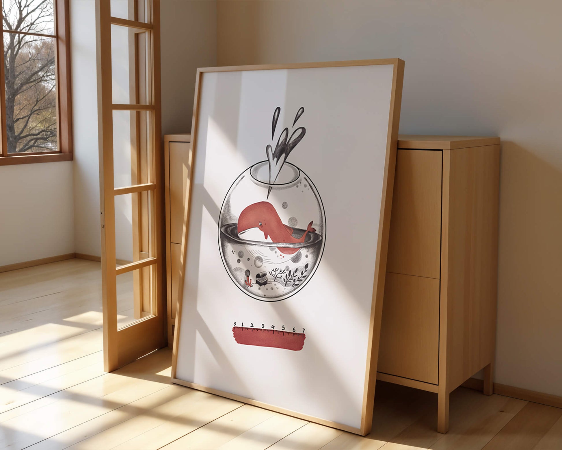 Illustration of a whale inside a fishbowl with a pink ruler