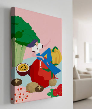 Ilustración de una mujer rodeada de vegetales y frutas vibrantes