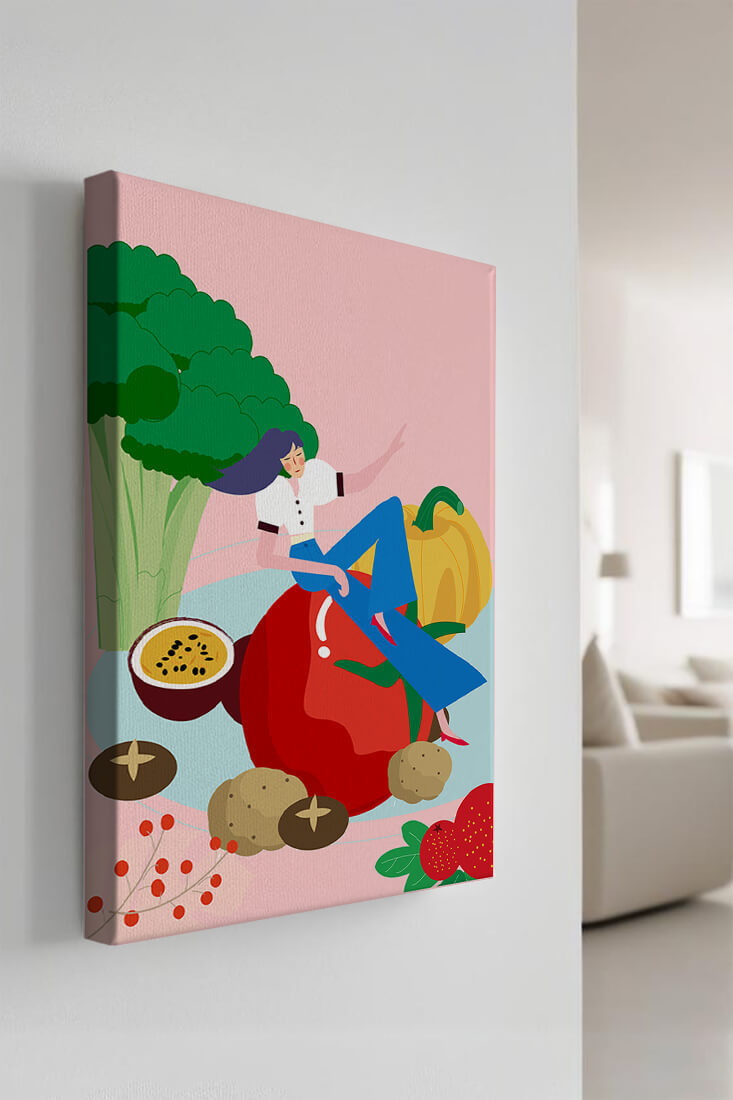 Ilustración de una mujer rodeada de verduras y frutas vibrantes.