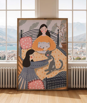 Escena interior acogedora con mujeres, gatos y elementos decorativos