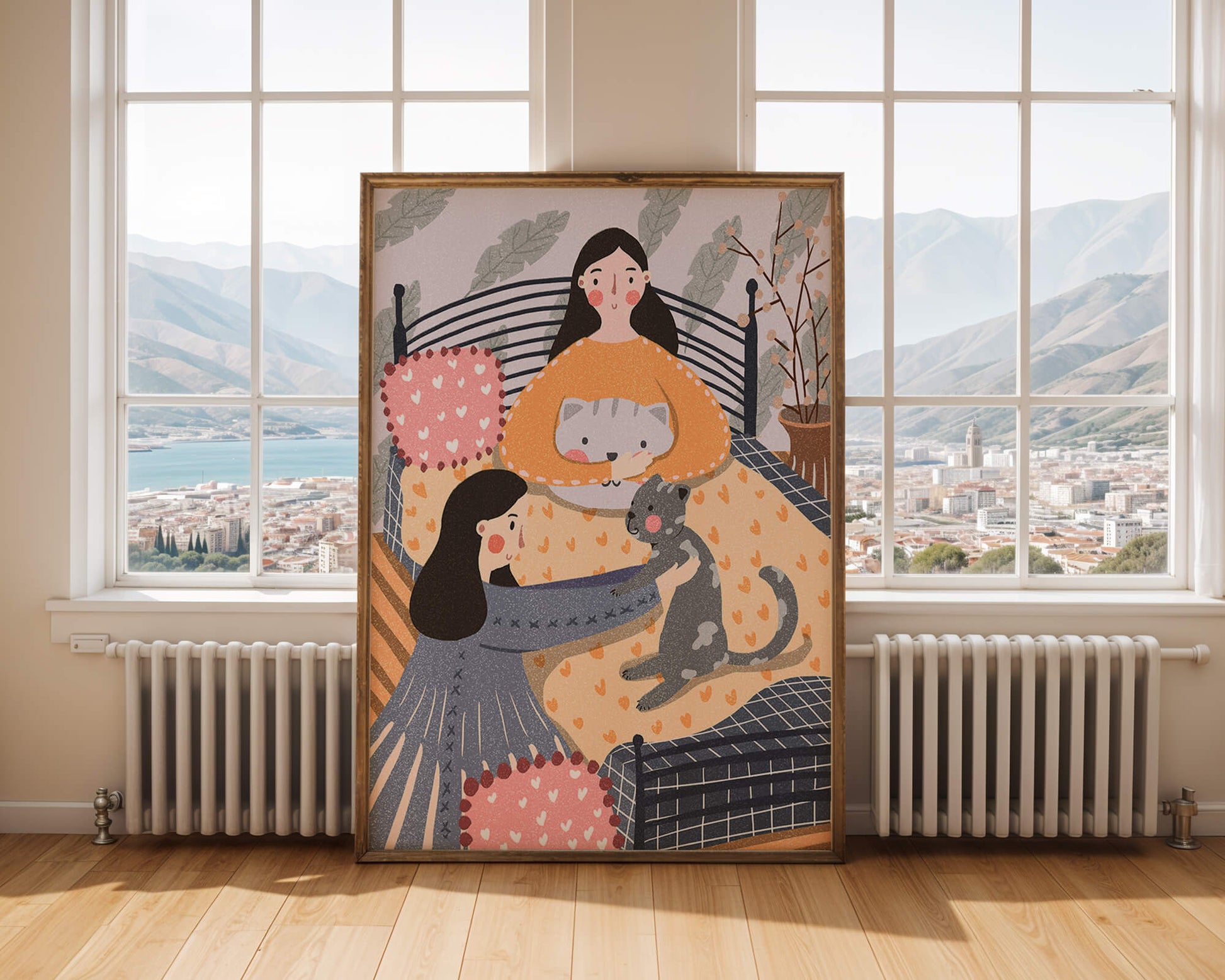 Escena interior acogedora con mujeres, gatos y elementos decorativos