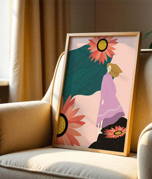 Stylized illustration of woman with vibrant floral elements