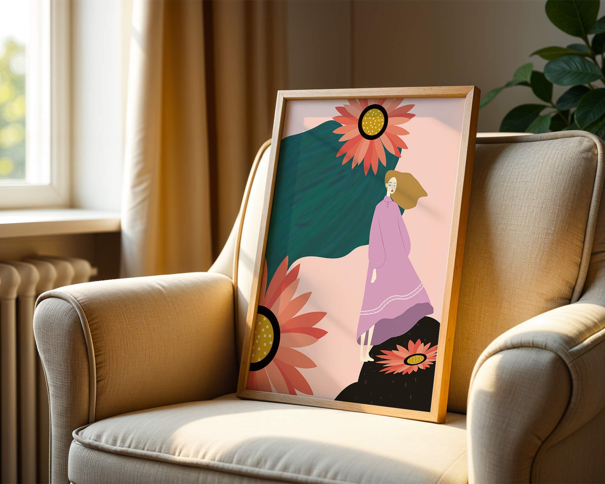 Stylized illustration of woman with vibrant floral elements
