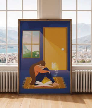 Woman sitting with an open magical book and a fairy in a room