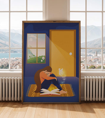 Woman sitting with an open magical book and a fairy in a room