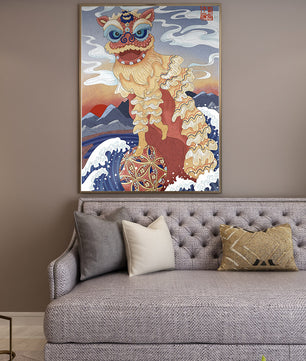 Traditionelle chinesische Löwentanzkunst mit malerischem Hintergrund