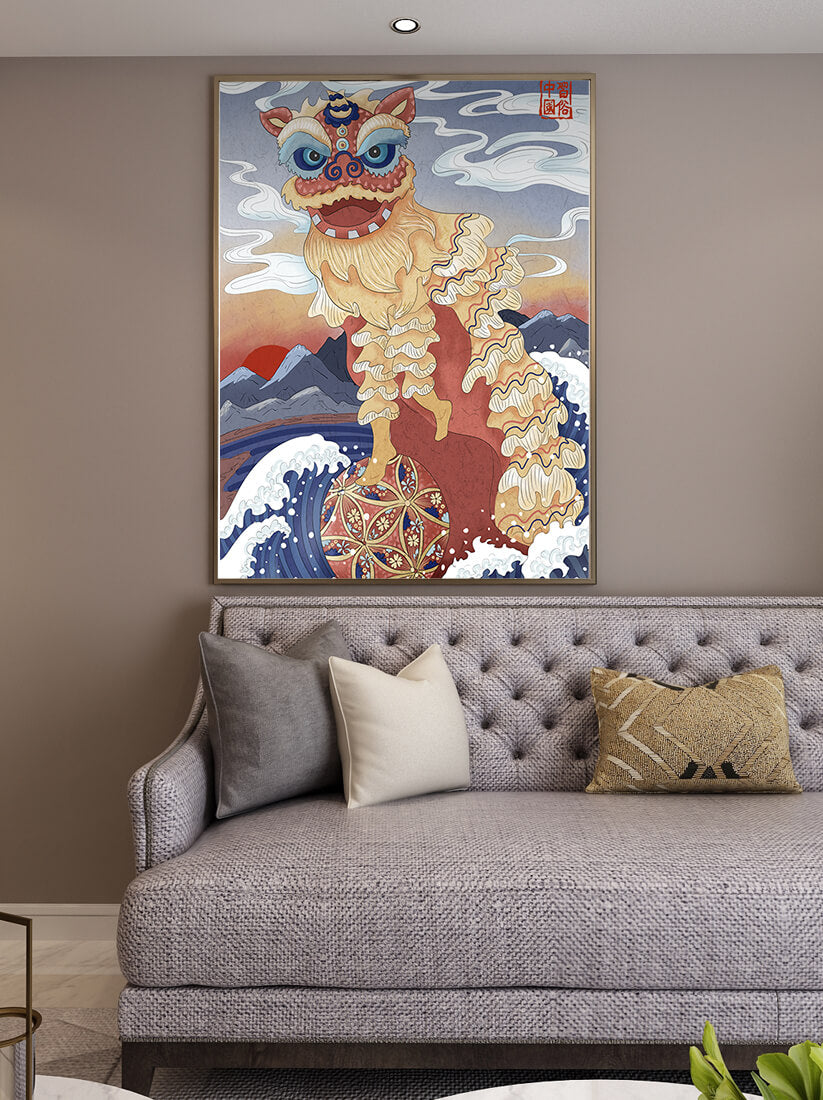 Traditionelle chinesische Löwentanzkunst mit malerischem Hintergrund