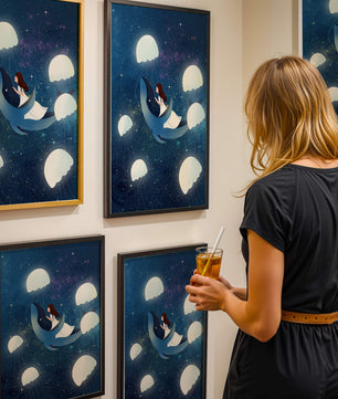 Dreamlike scene of a girl riding a whale among jellyfish in space