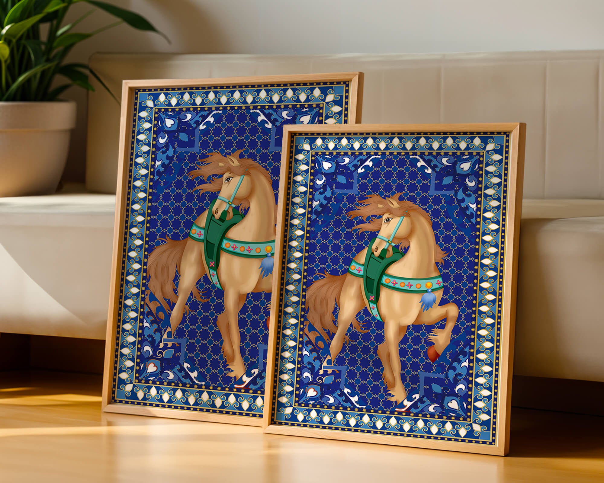 Intricate patterned horse art with a vibrant decorative border