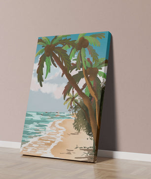 Tranquil Beach Scene with Palm Trees and Sailboats
