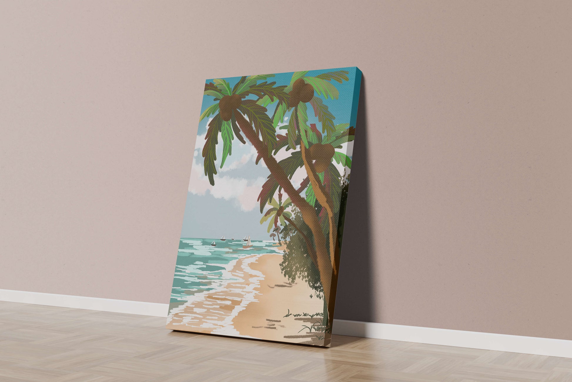 Tranquil Beach Scene with Palm Trees and Sailboats