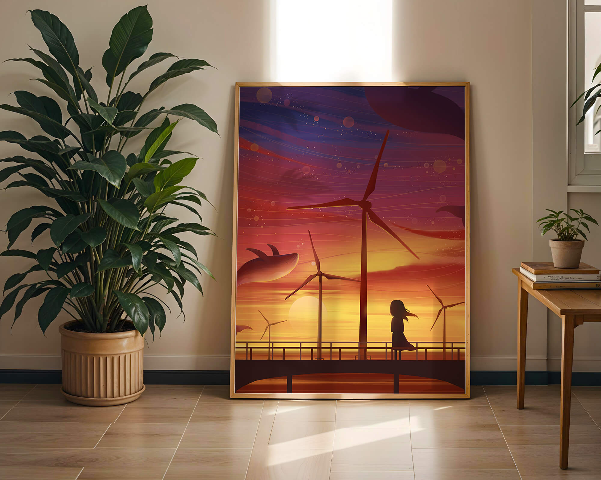 Enchanting sunset scene with wind turbines and silhouette of a girl