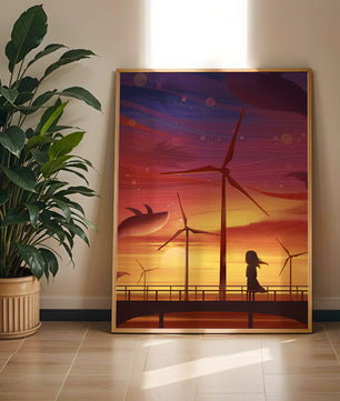 Enchanting sunset scene with wind turbines and silhouette of a girl