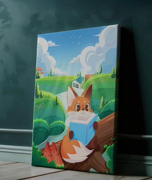 Fox Reading a Book in Scenic Green Landscape with Watermelon Slices