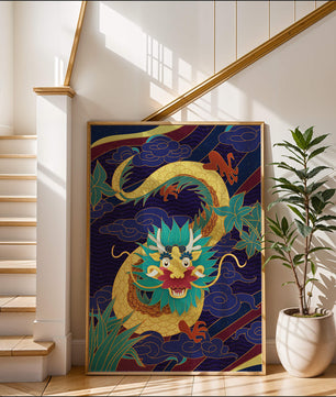 Illustration de dragon coloré avec des nuages ​​et des éléments de feuillage