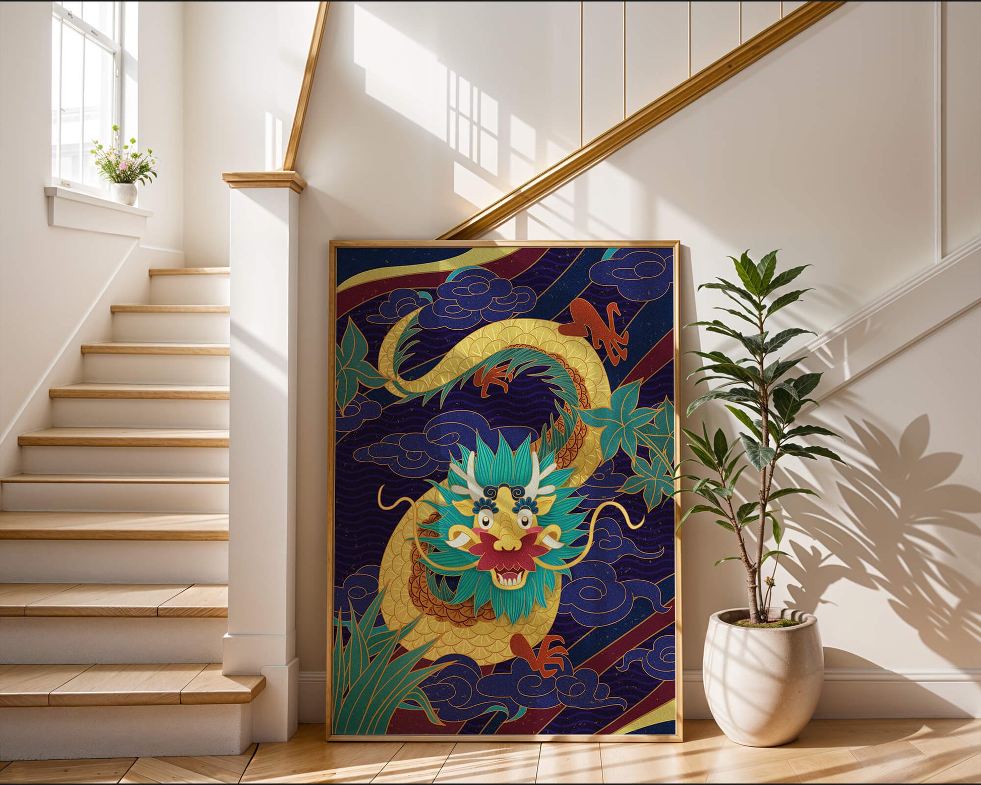 Illustration de dragon coloré avec des nuages ​​et des éléments de feuillage