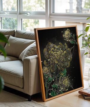 Œuvre élégante de chrysanthèmes dorés et verts sur fond sombre