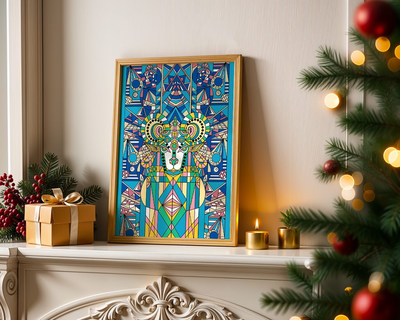 Diseño geométrico colorido de carnero con patrones simétricos