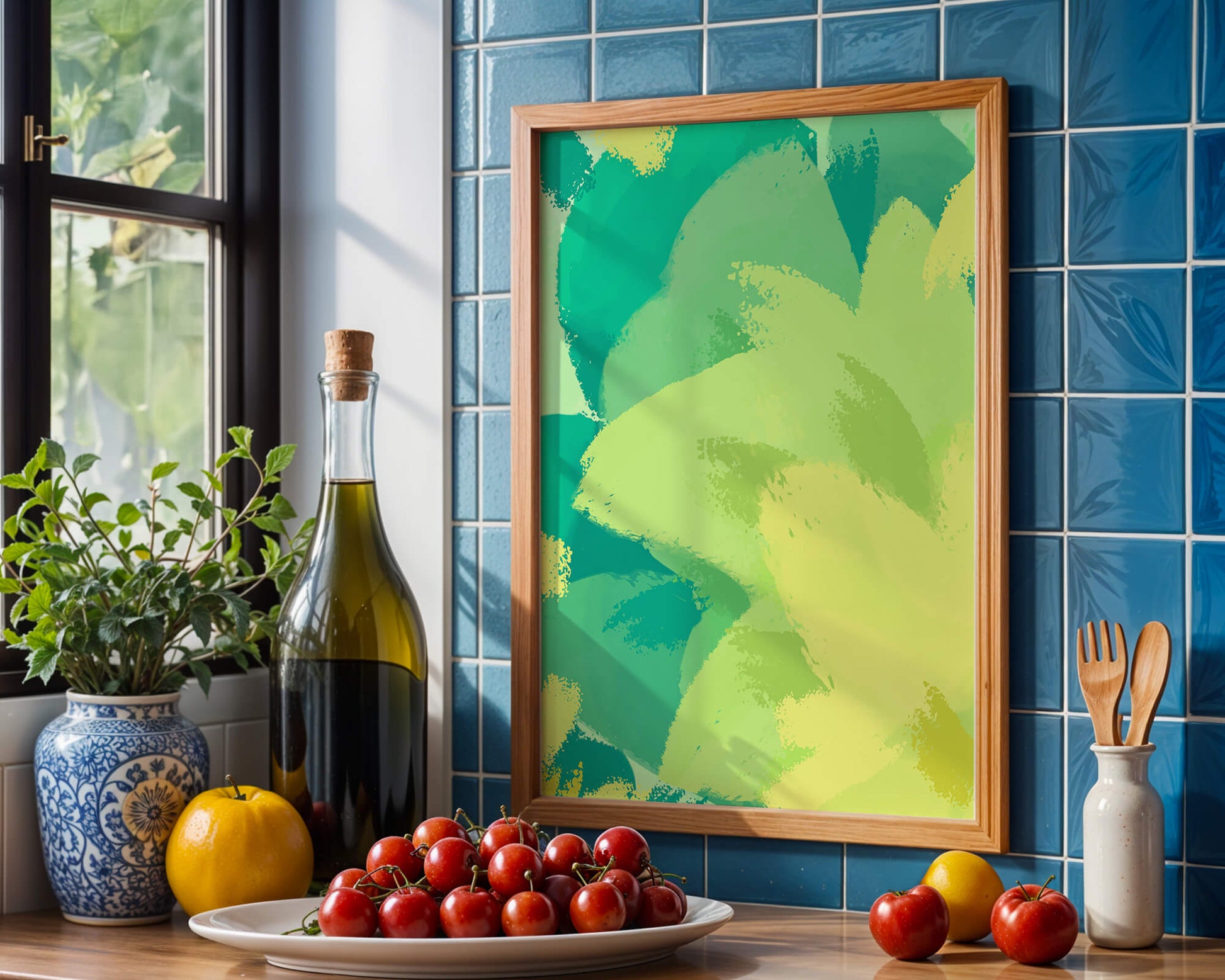 Abstract green and yellow brushstroke painting