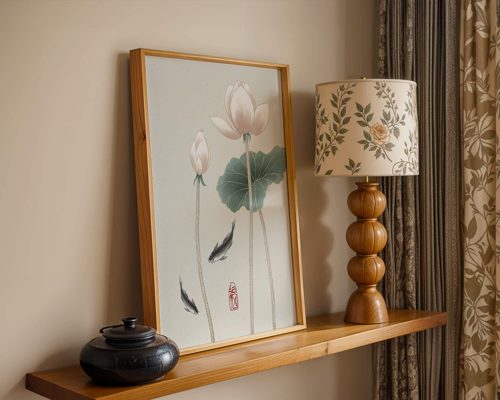 Lotus flowers and koi fish in minimalist Asian art illustration