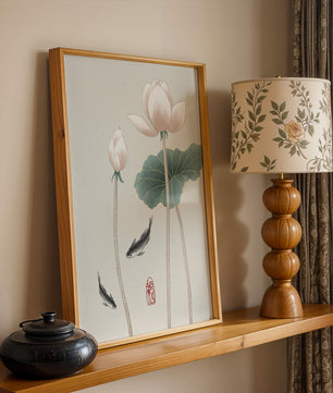Fleurs de lotus et carpes koï dans une illustration d’art asiatique minimaliste