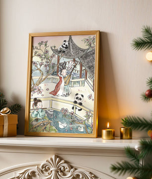 Tranquil Asian Garden Scene with Pandas and Blossoms