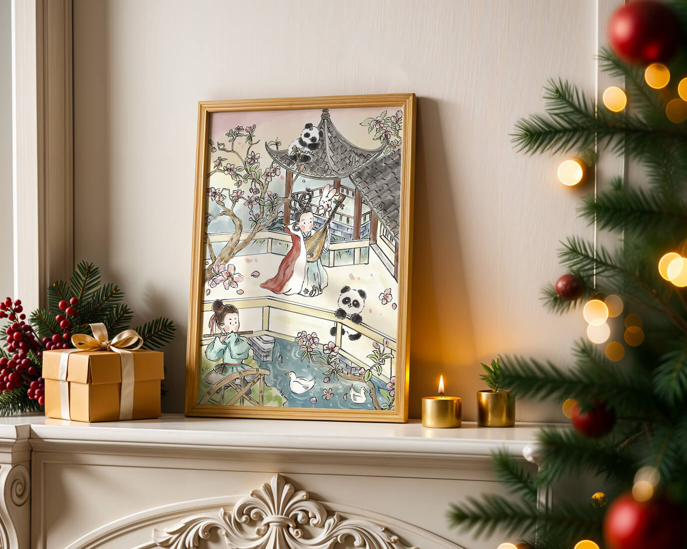 Escena tranquila de jardín asiático con pandas y flores