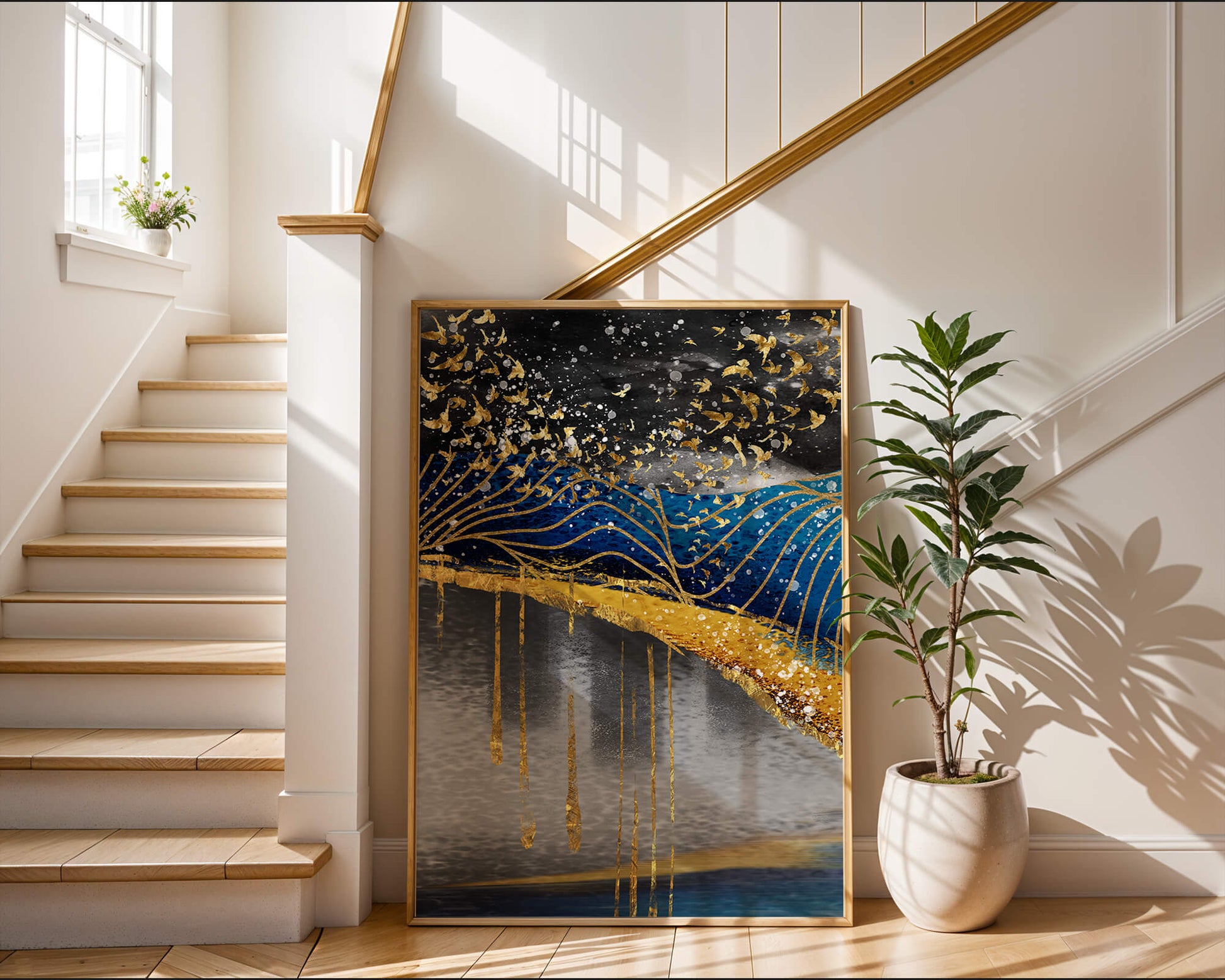 Abstract Night Sky With Golden Birds And Waves